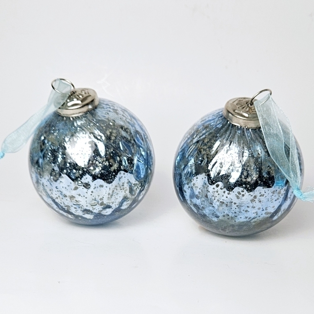 Vintage Style Mercury Glass Kugel Christmas Ornaments Blue Silver Set of 2